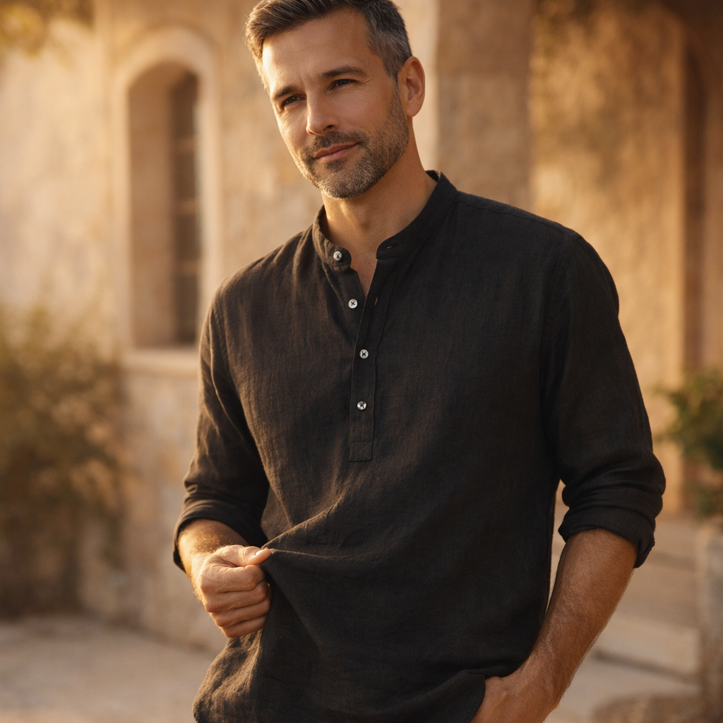 Premium-Henley-Hemd aus Leinenmischung mit Grandad-Kragen