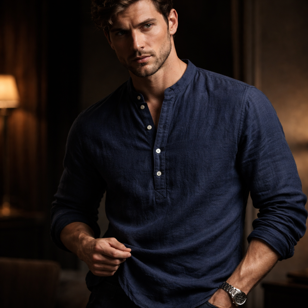 Premium-Henley-Hemd aus Leinenmischung mit Grandad-Kragen