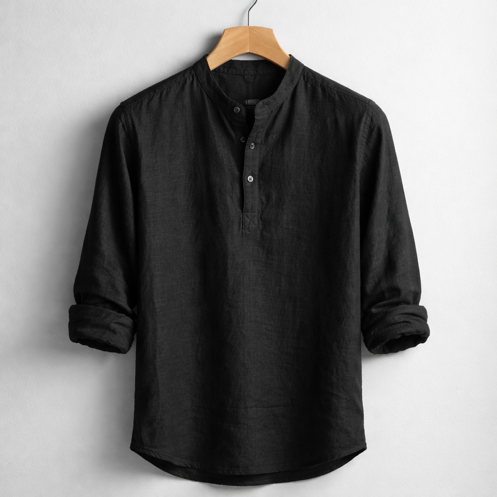 Premium-Henley-Hemd aus Leinenmischung mit Grandad-Kragen