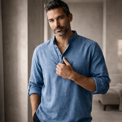 Premium-Henley-Hemd aus Leinenmischung mit Grandad-Kragen